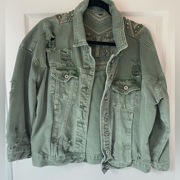 Denim Jacket Green Fringe Studs Sequins Embroidered Distressed - Picture 2 of 12